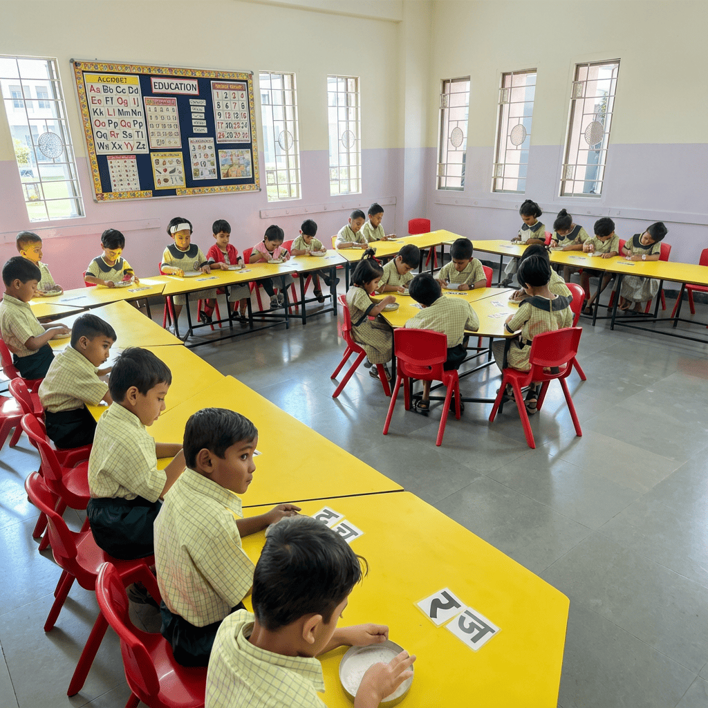 Two children holding paper planes in classroom